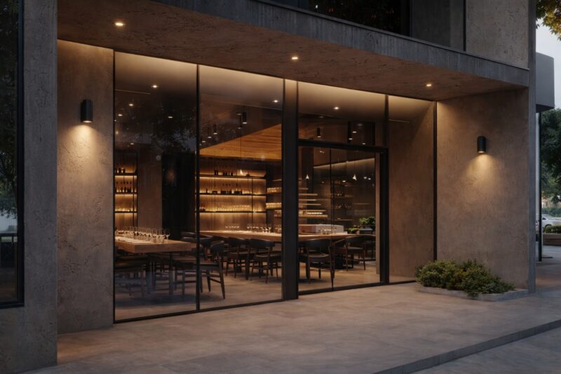 Restaurant exterior and interior view with warm ambient lighting visible through large glass windows