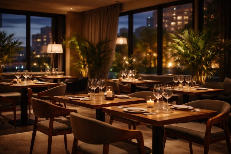 Restaurant interior with warm lighting, neatly set tables, and a calm evening atmosphere