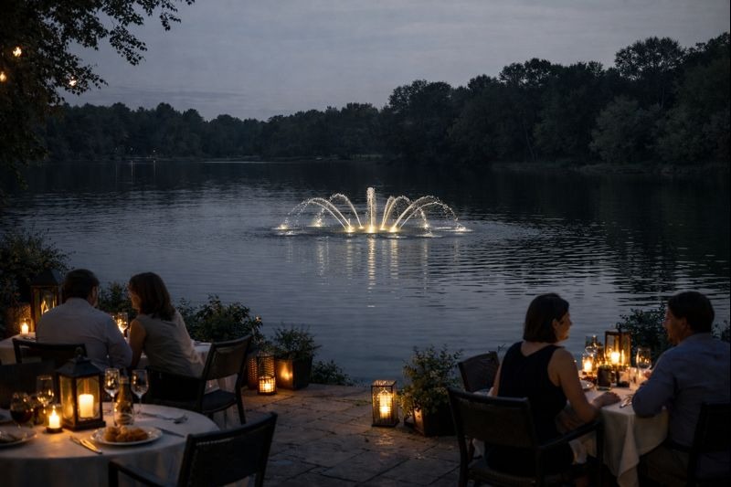 Evening lakeside dining area with a subtle illuminated fountain and soft ambient lighting